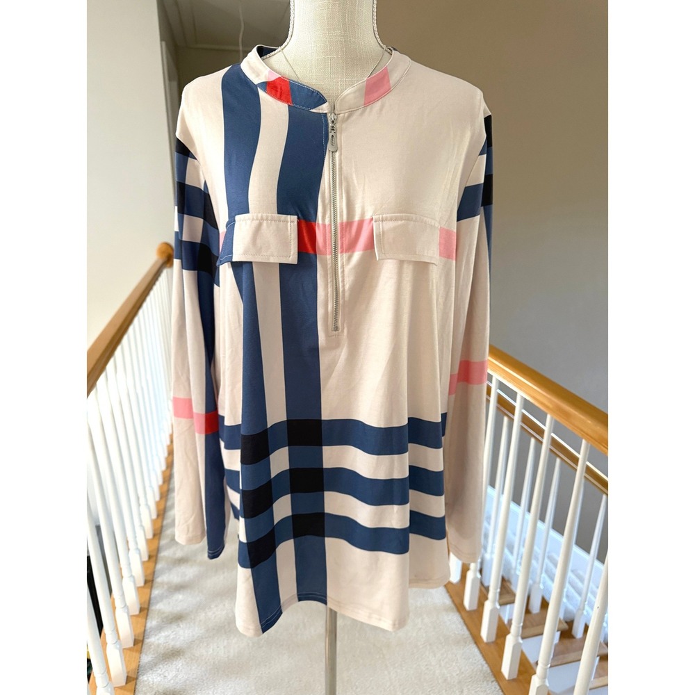 Moyabo Womens 2XL Plaid Quarter Zip Roll Tab Sleeve Tunic Blouse Navy Pink Cream